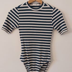Capulet Short Sleeve Striped Teal/Cream Ribbed Knit Bodysuit size S